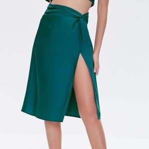 Forever 21 Teal Blue Satin Silk Knoted Waist Slit Skirt